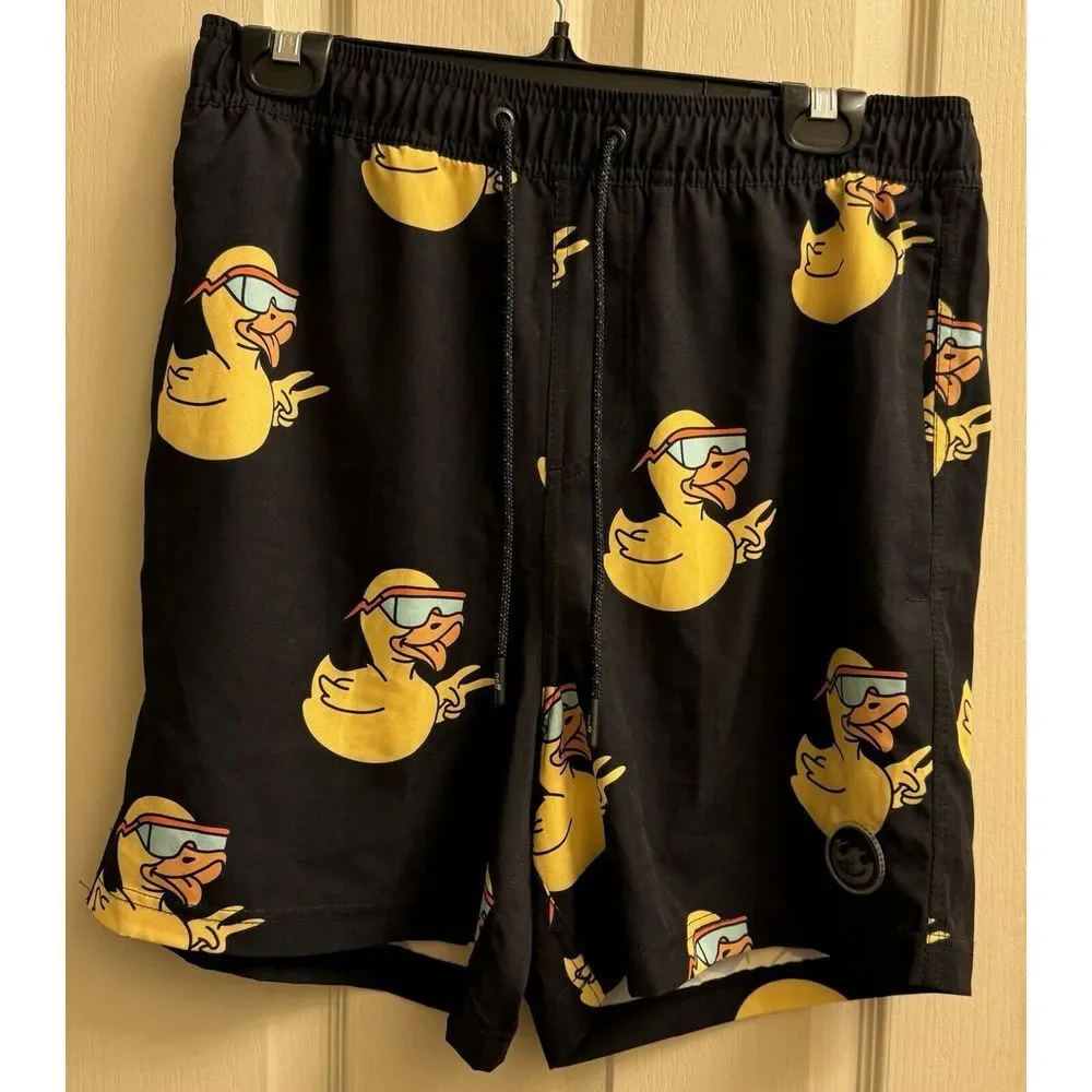 Neff Swim Trunks Mens Large Black Duck With‎ Glasses Printed Stretch NWT